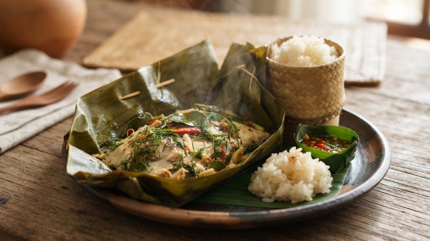 Mok Pa (Laotiaanse gestoomde vis in bananenblad)