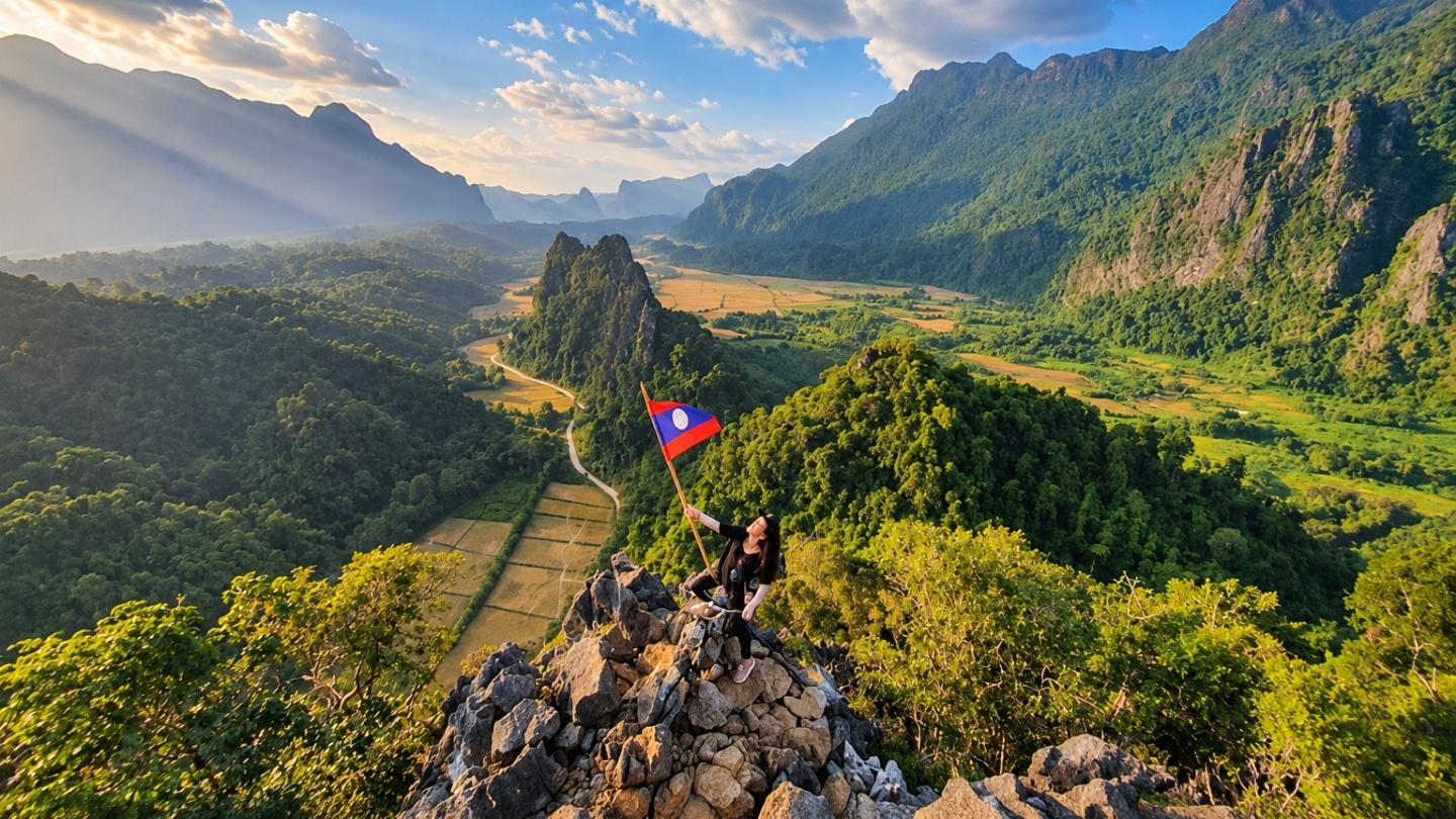 Panoramisch uitzicht over Vang Vieng vanaf Nam Xay
