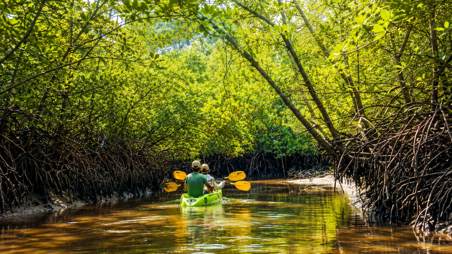 Peddelen door de groene mangroven van Thung Yee Pheng