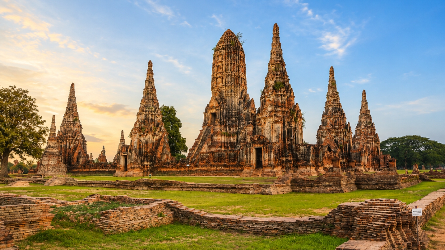 Wat Chaiwatthanaram tussen geschiedenis en groene landschappen